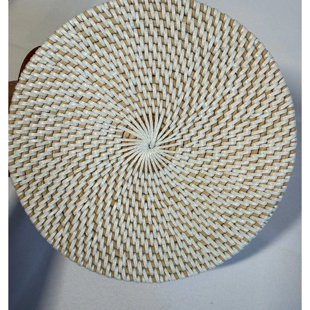 Balachica White Rattan Round Peacock Crossbody Bag Hand Painted Woven 15cm Purse